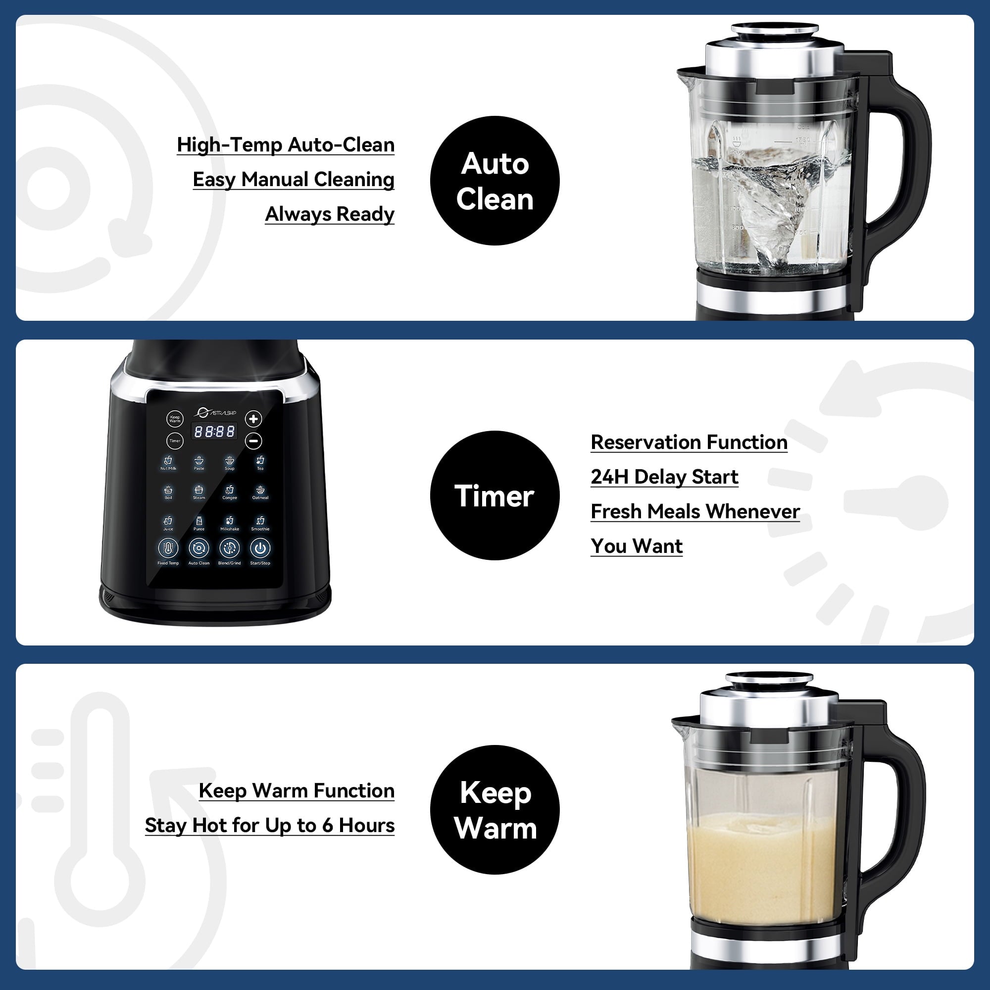 Black Glass Blender for Kitchen with Tamper, 59oz Countertop Food Processor, 1500W High Speed Adjustable P1-P9, Professional Smoothie Maker with Heating, Keep Warm, Auto Clean, 14 Functions