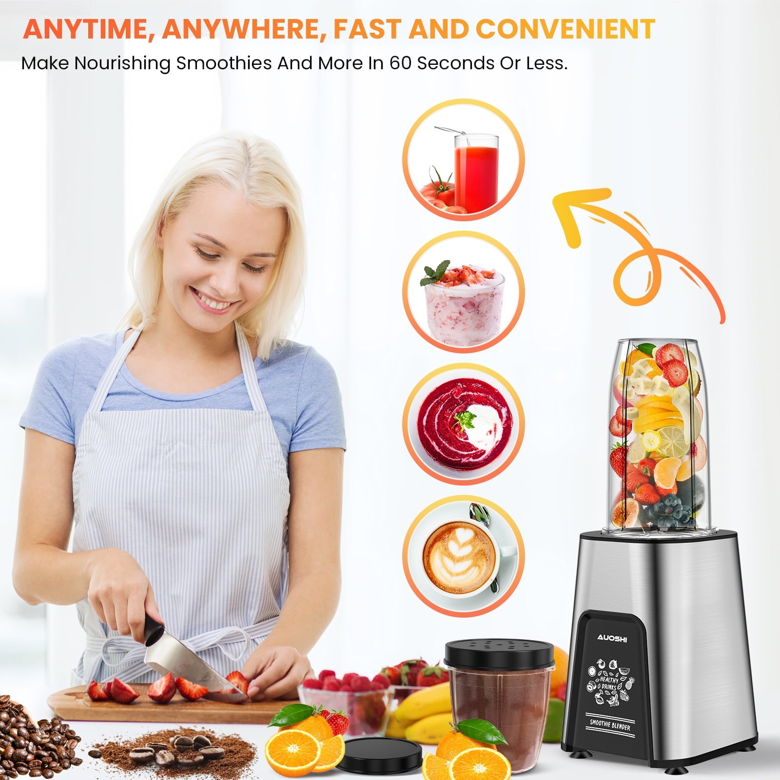 AUOSHI 1000W Personal Blender for Smoothies and Shakes, Smoothie Maker with 6 Blades, 2*23 oz Cups, 1*10oz Grind Cup, Portable Blenders for Kitchen