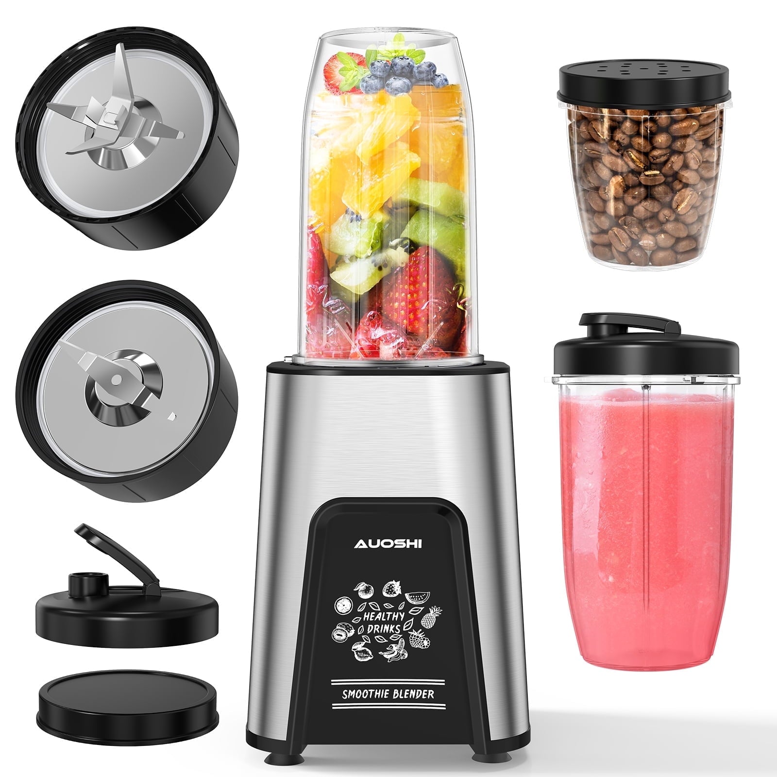 AUOSHI 1000W Personal Blender for Smoothies and Shakes, Smoothie Maker with 6 Blades, 2*23 oz Cups, 1*10oz Grind Cup, Portable Blenders for Kitchen