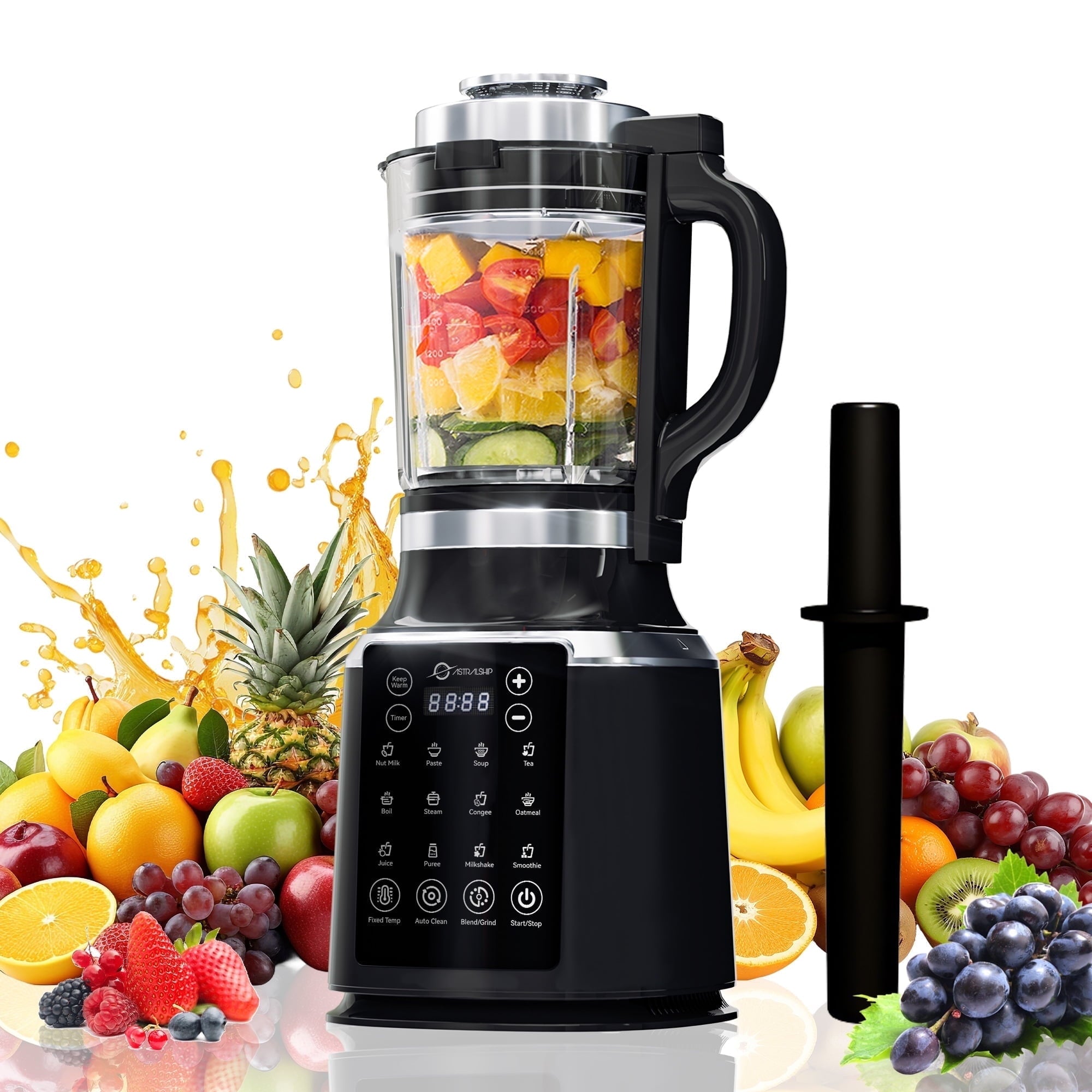 Black Glass Blender for Kitchen with Tamper, 59oz Countertop Food Processor, 1500W High Speed Adjustable P1-P9, Professional Smoothie Maker with Heating, Keep Warm, Auto Clean, 14 Functions