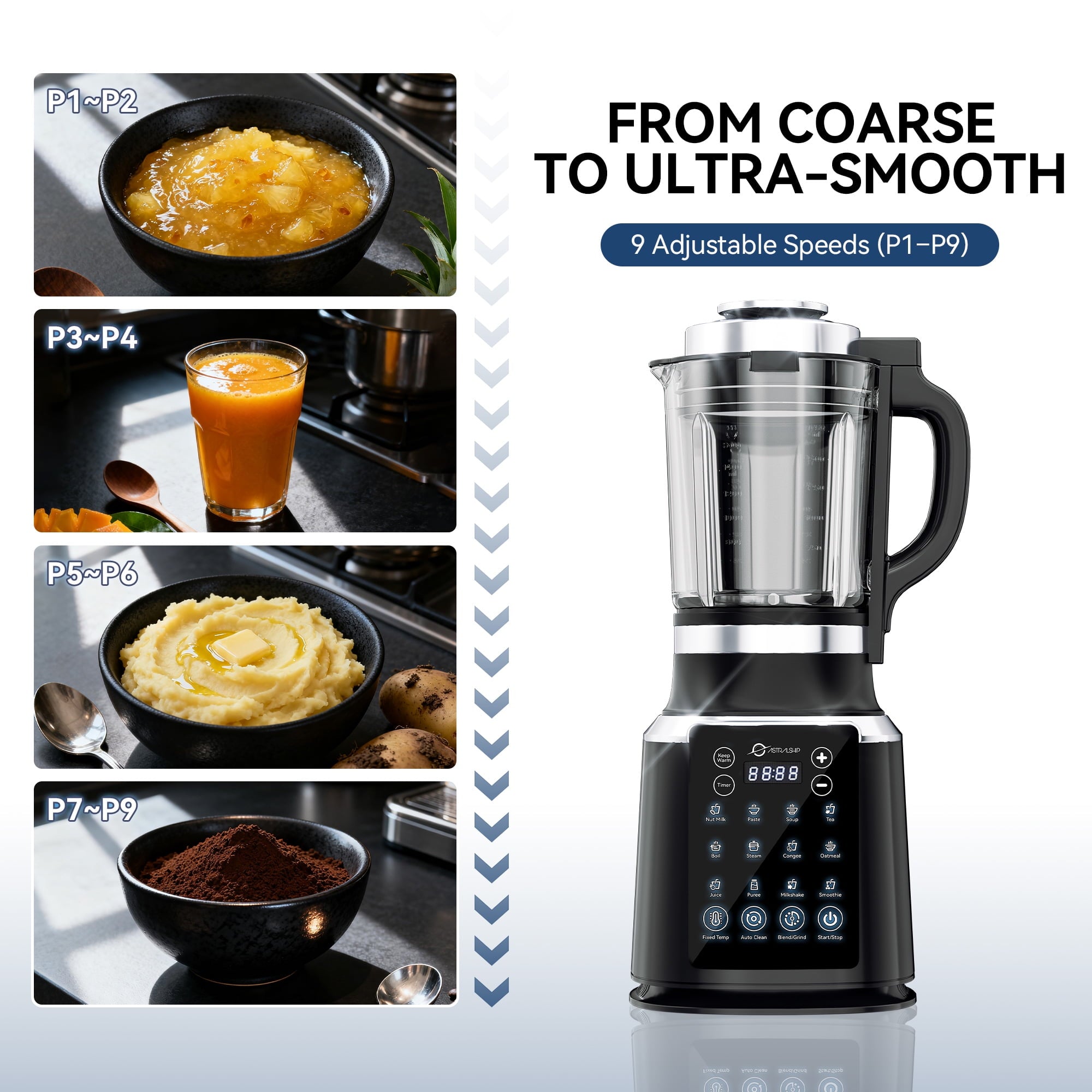 Black Glass Blender for Kitchen with Tamper, 59oz Countertop Food Processor, 1500W High Speed Adjustable P1-P9, Professional Smoothie Maker with Heating, Keep Warm, Auto Clean, 14 Functions