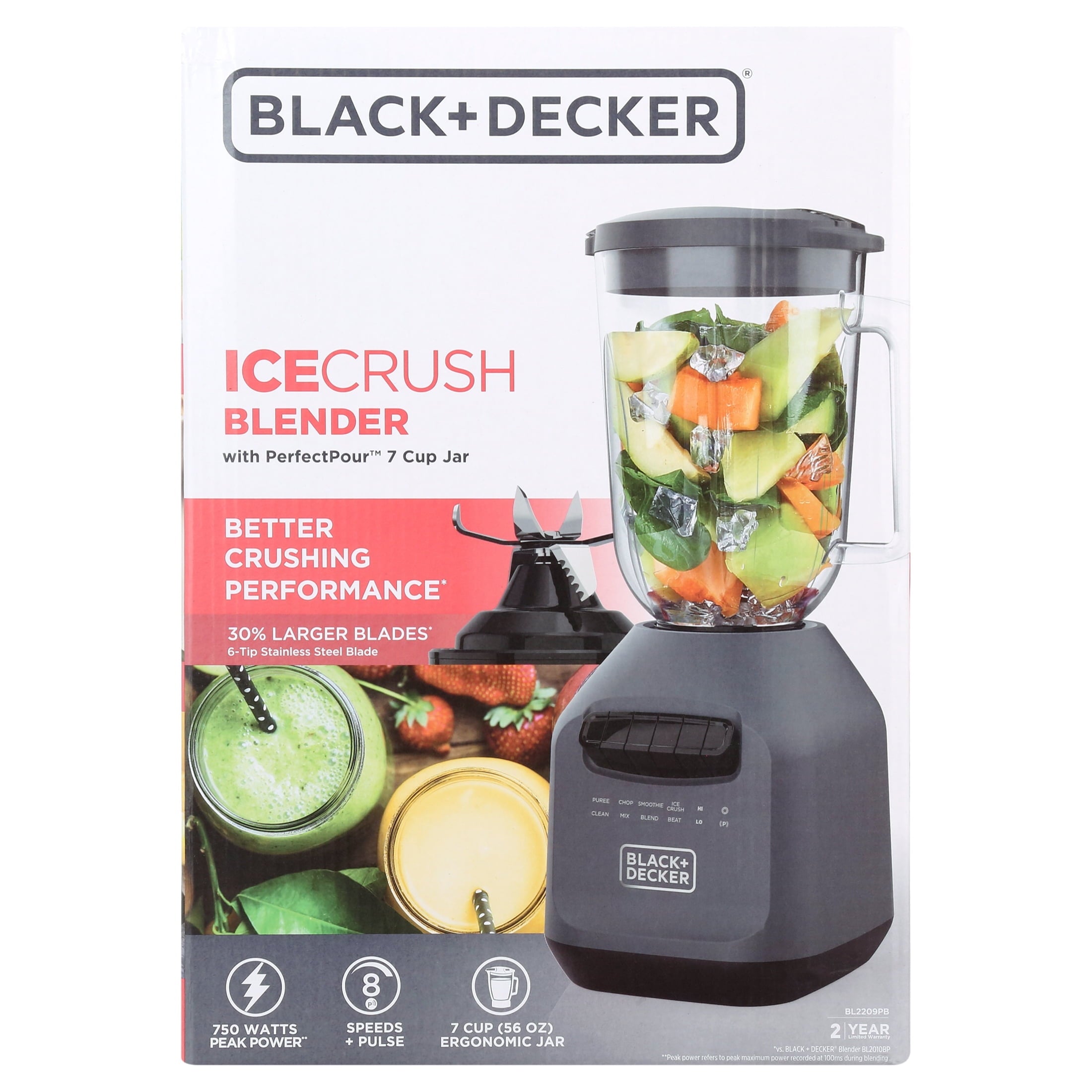 BLACK+DECKER Ice Crush Blender, 56 oz Plastic Jar, 750W, 6-Tip Blade, 8 Speeds + Pulse