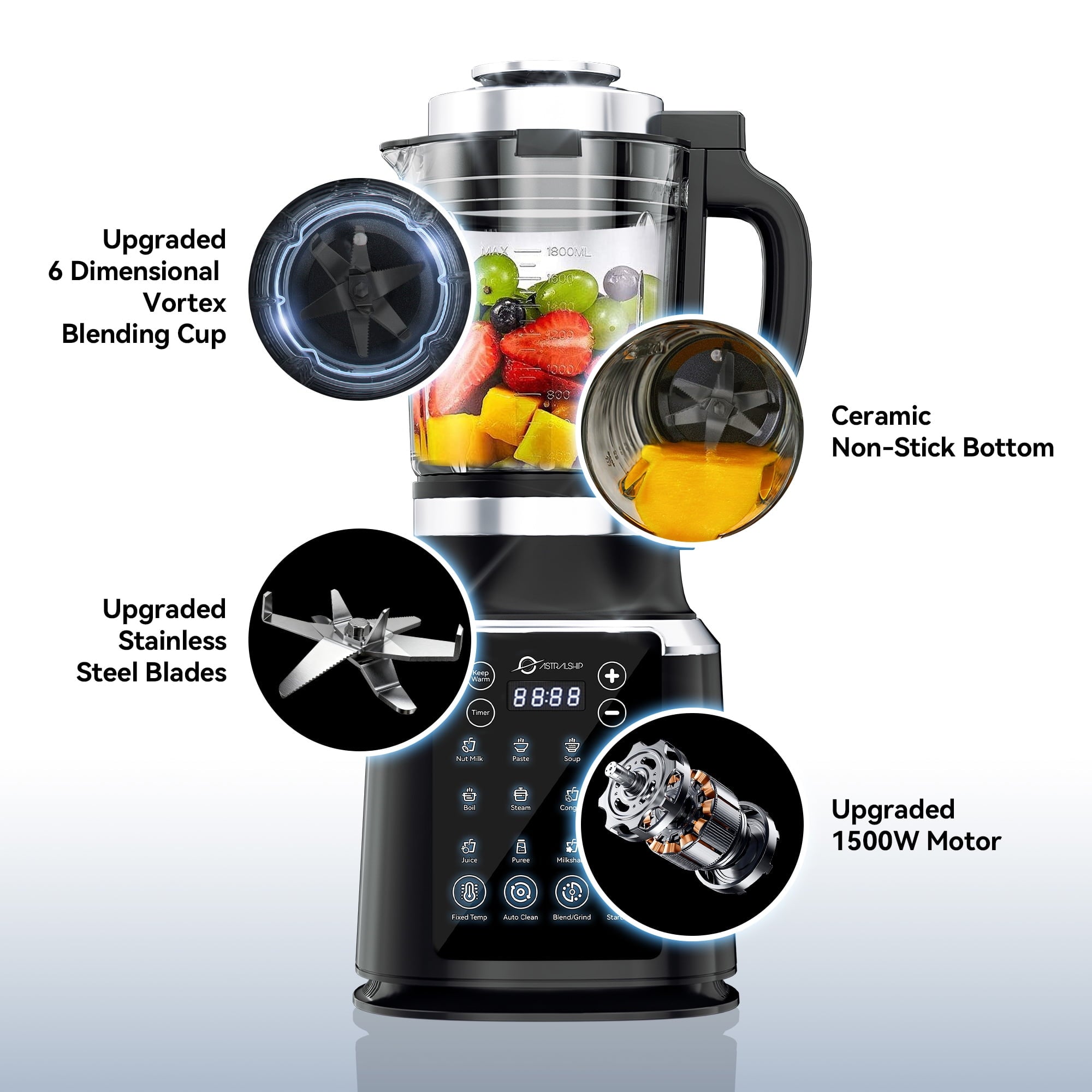 Black Glass Blender for Kitchen with Tamper, 59oz Countertop Food Processor, 1500W High Speed Adjustable P1-P9, Professional Smoothie Maker with Heating, Keep Warm, Auto Clean, 14 Functions