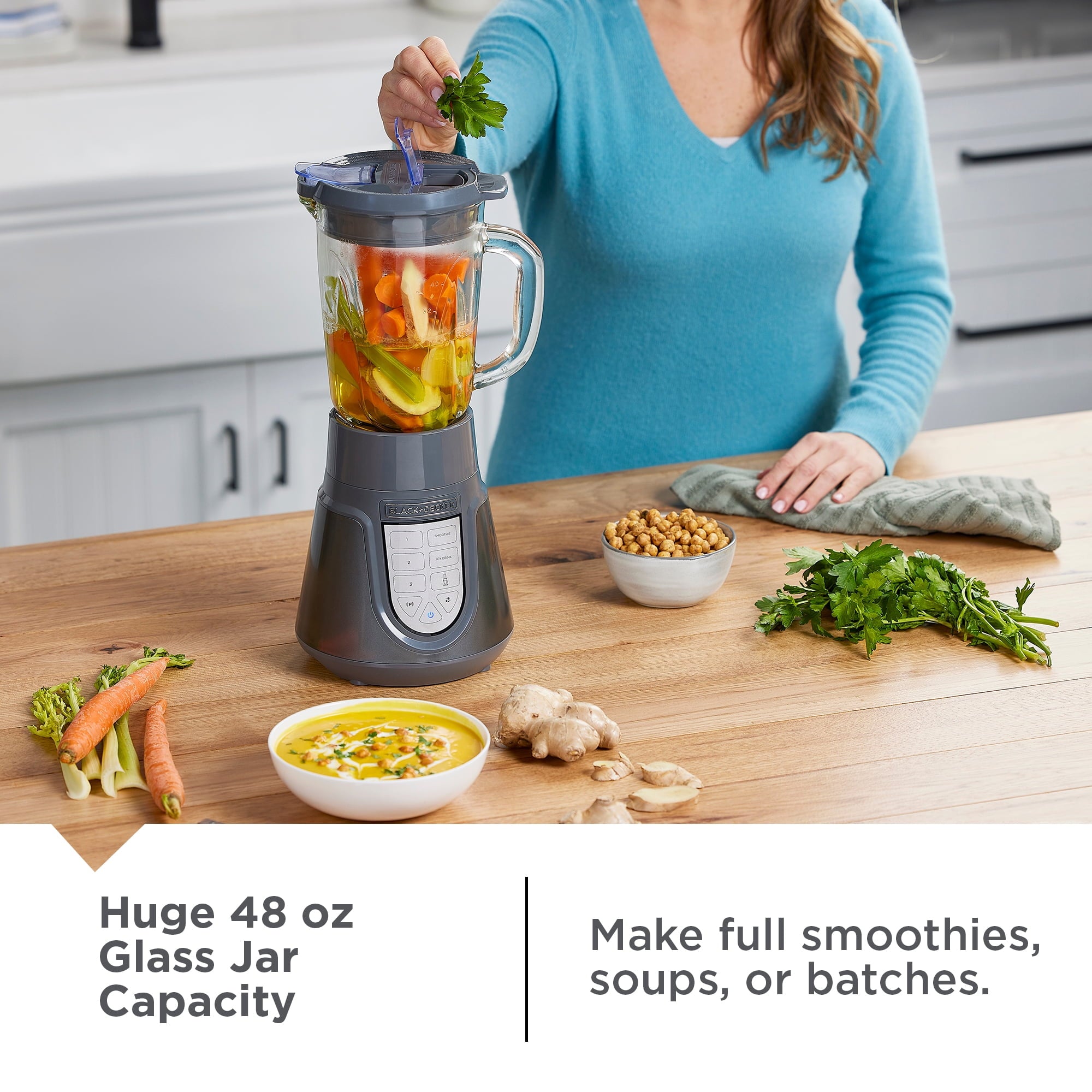 BLACK+DECKER Quiet Blender with 48 oz Glass Jar and 1000W Power, 3 Speeds